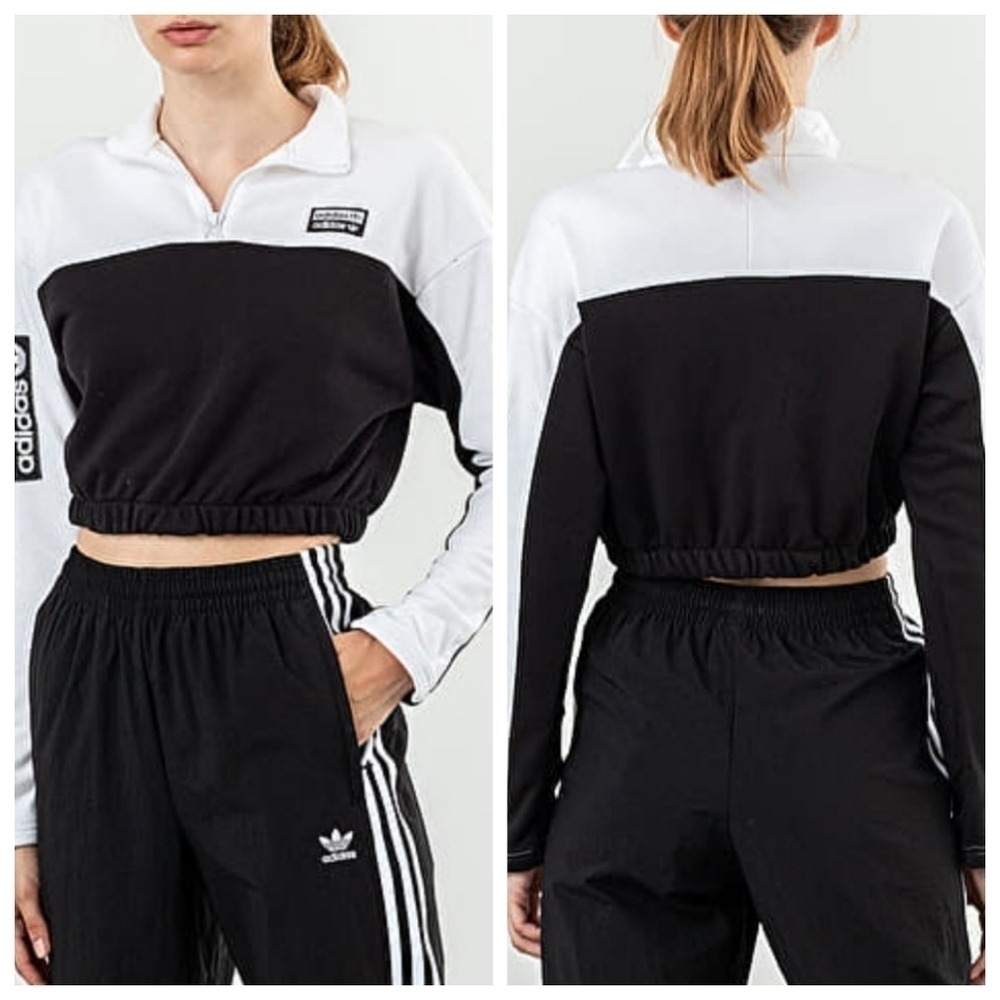 Adidas Black & White Cropped Pullover Collared Sweatshirt